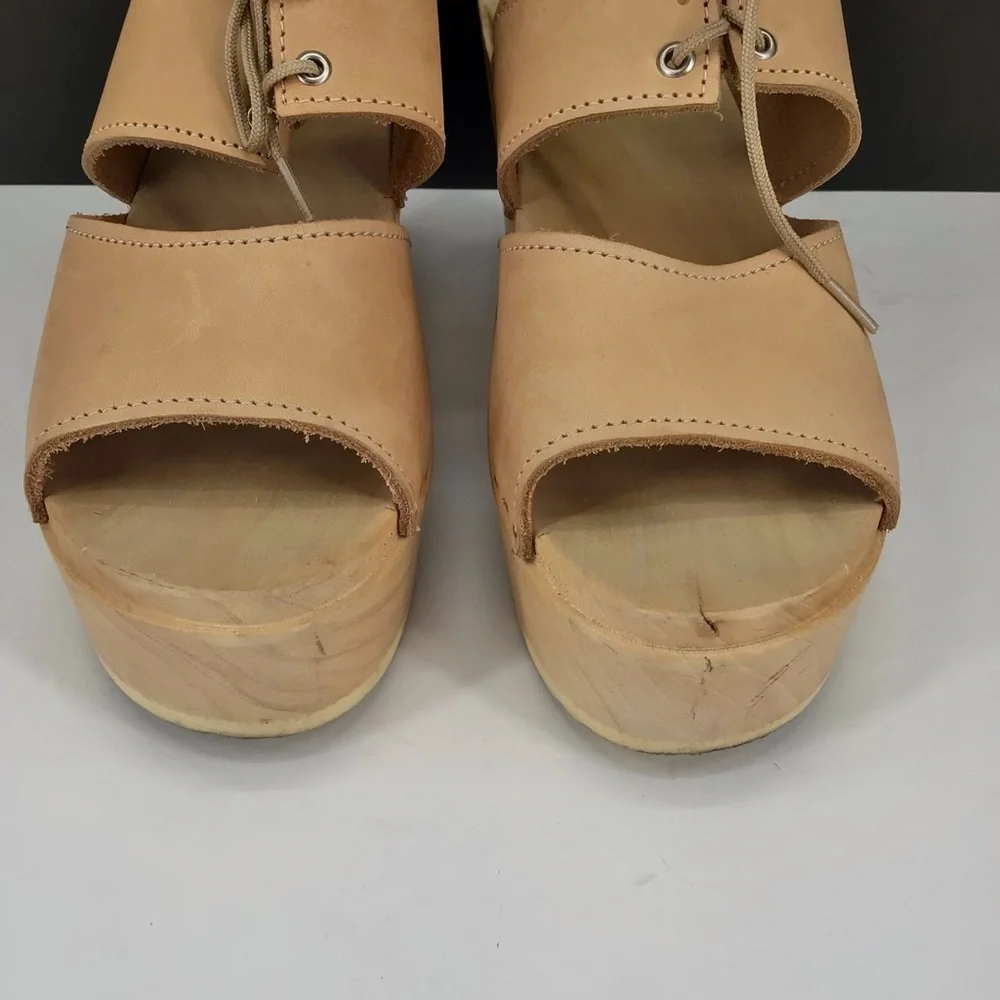 Loeffler Randall Beige Leather Open Toe Block Heel Clog Sandals Size 39 US 8.5